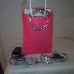 Silvertone Mystery Jewelry Bundle All Wearable In Red Bag